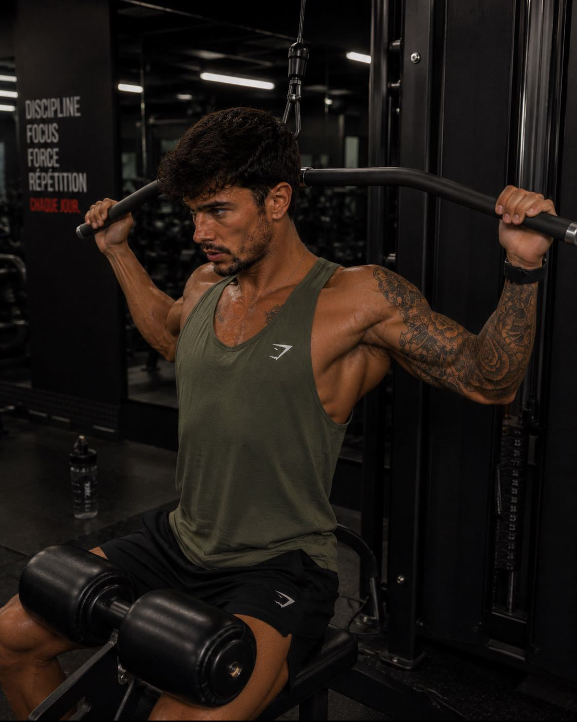 A hyper-realistic cinematic gym scene. Pedro, a handsome athletic man with tanned skin,…