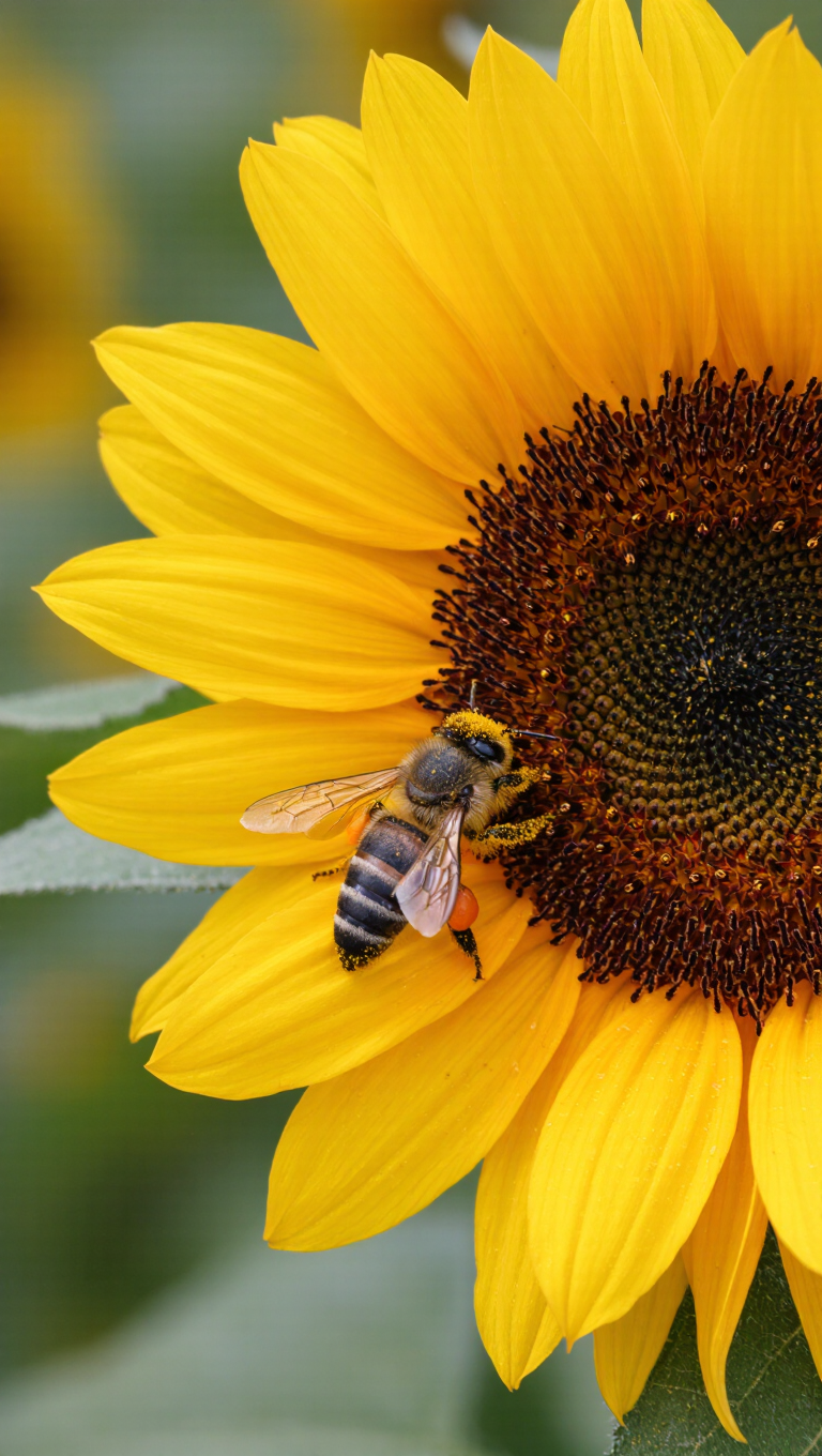 The honeybee crawls over the sunflower gathering pollen, wings fluttering, petals swaying…