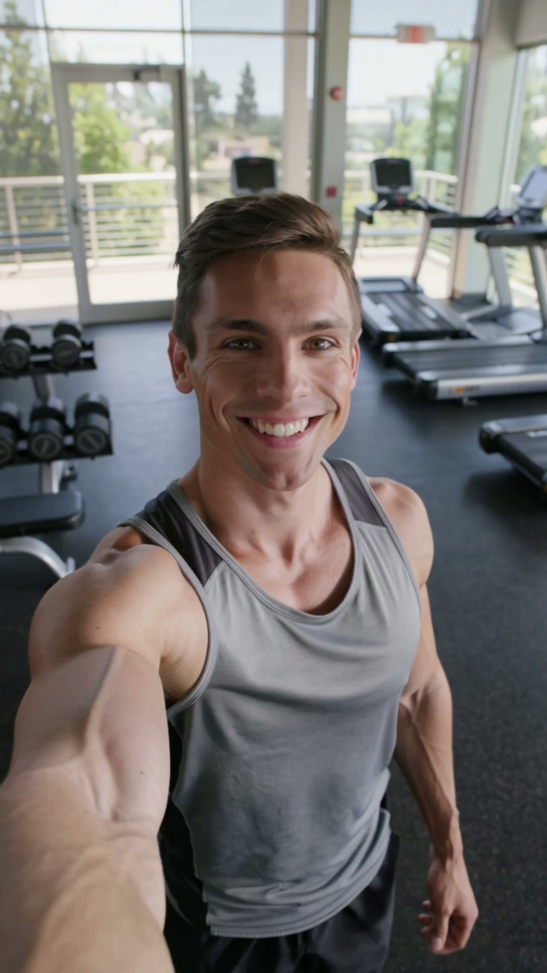A friendly male fitness influencer filming a selfie-style video at a bright modern gym,…