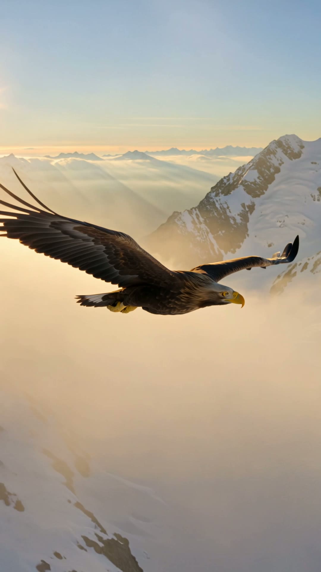 A majestic golden eagle soaring through misty mountain peaks at sunrise, sweeping…