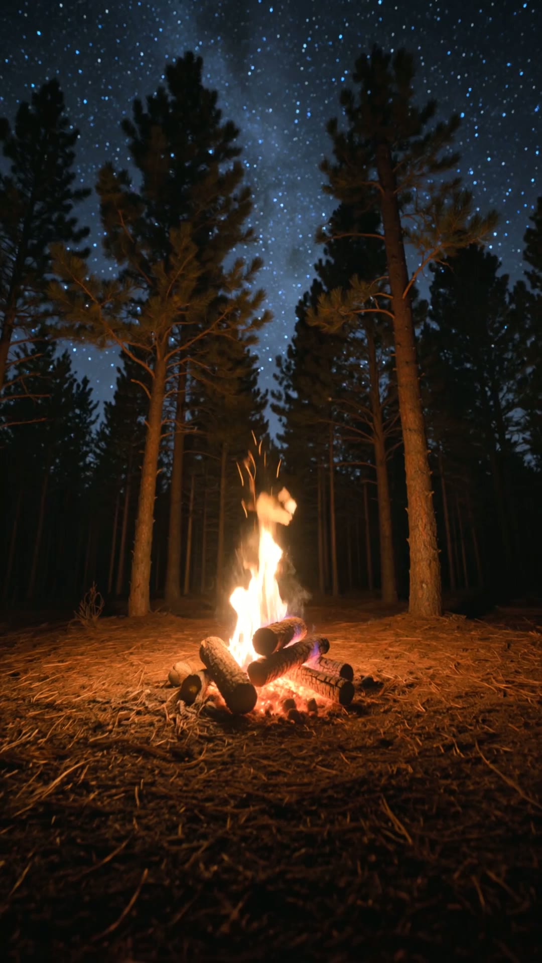 A crackling campfire under a vast starry night sky in a pine forest, glowing embers…