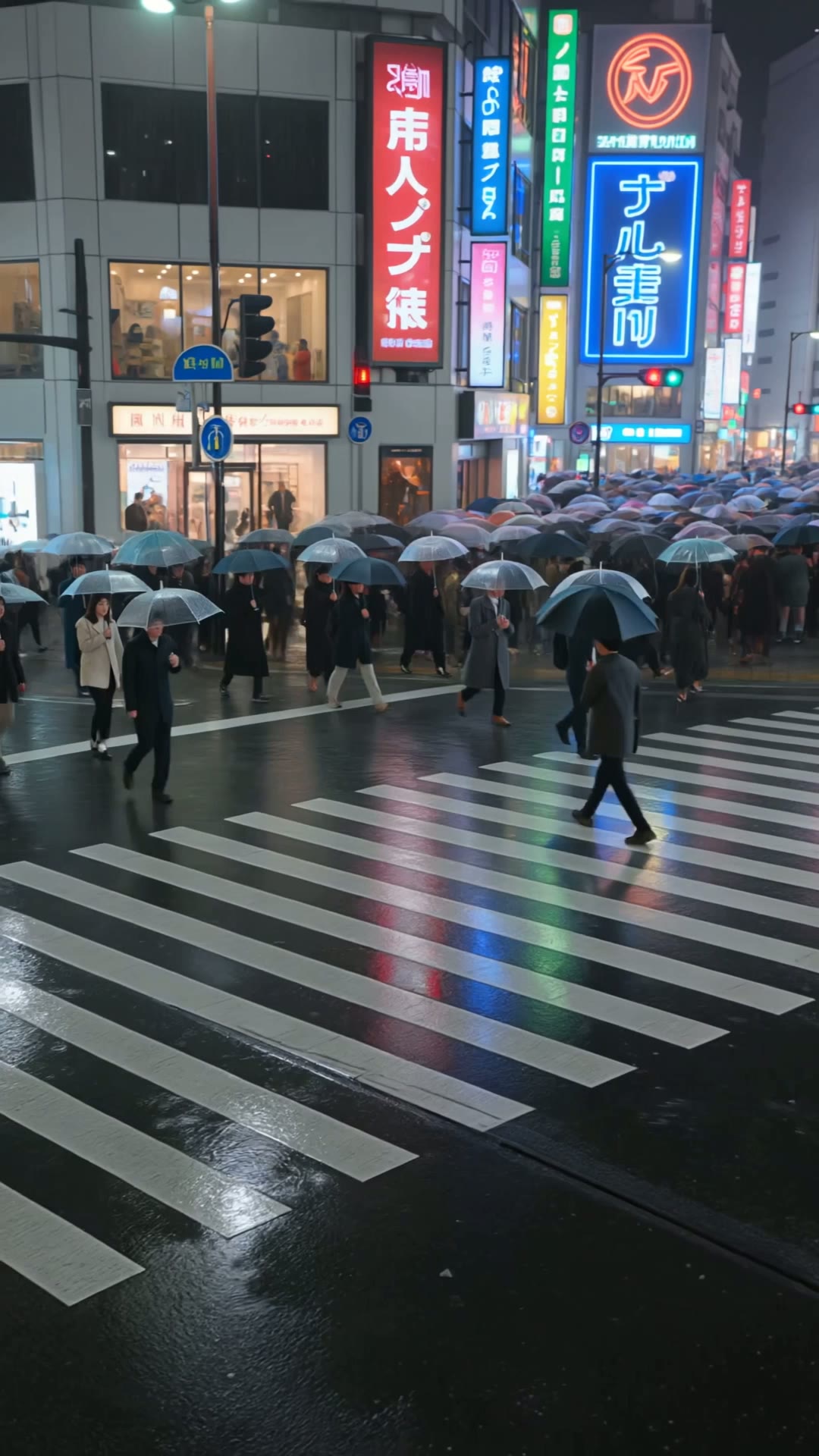 A neon-lit Tokyo pedestrian crossing at night in the rain, crowds with umbrellas, glowing…