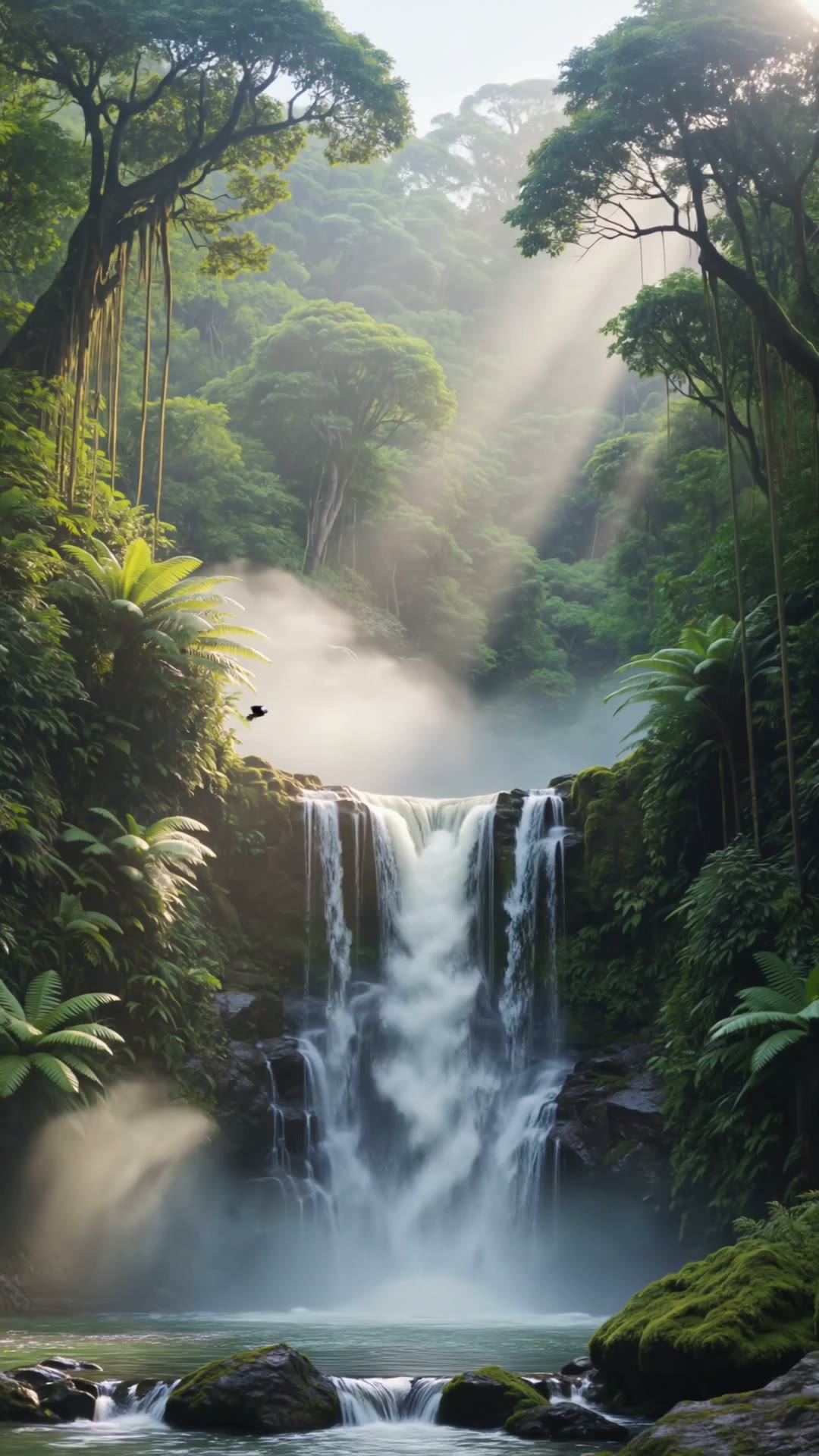 A majestic waterfall cascading through a lush tropical rainforest, mist rising, sunlight…