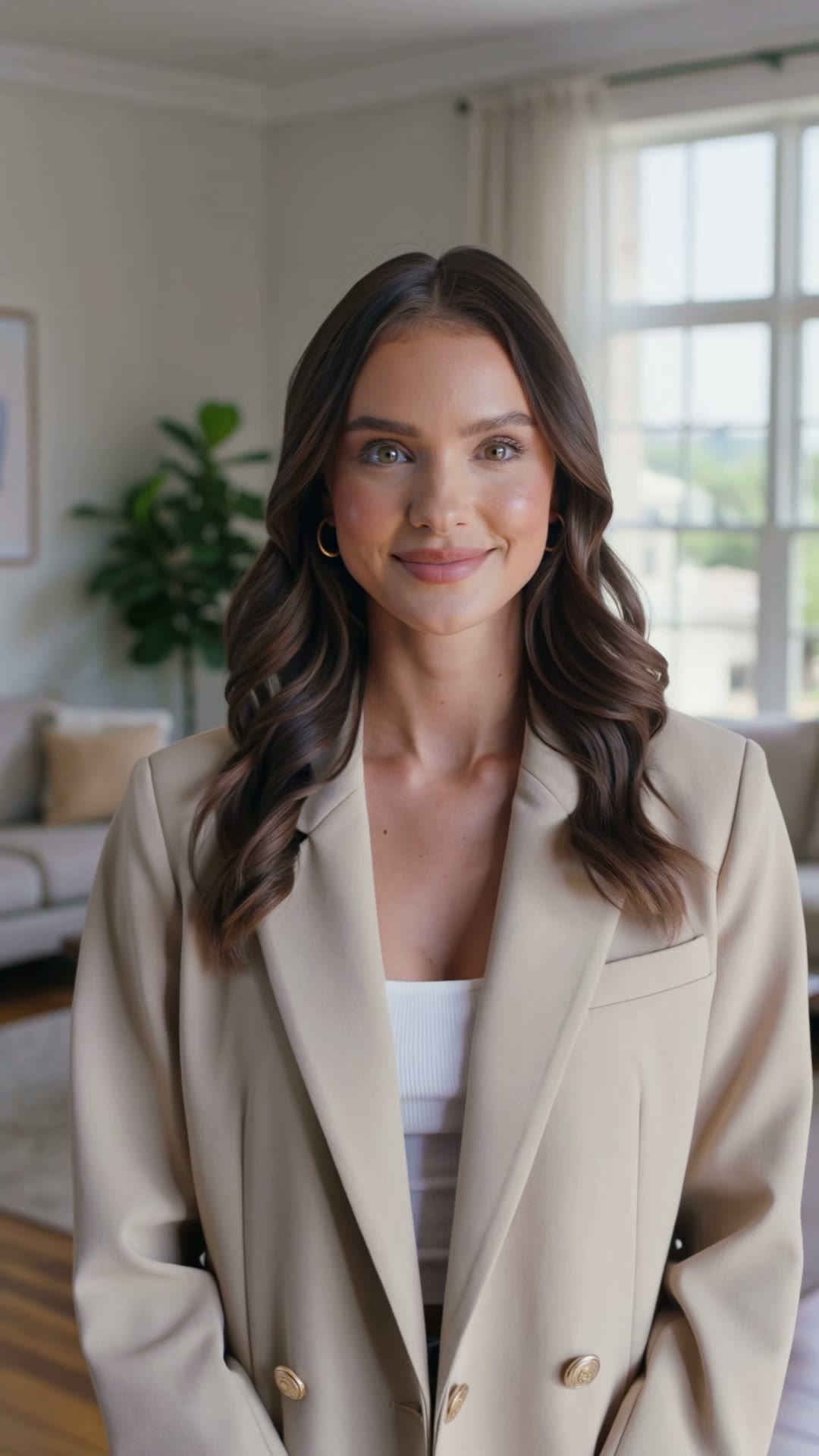 A stylish young woman fashion influencer talking to the camera in a sunlit modern…